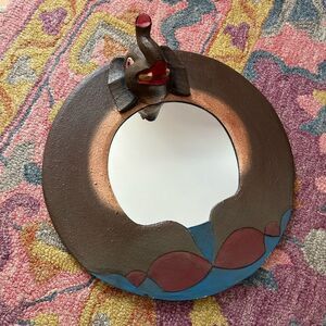 Vintage 15" Elephant Brown and Blue Mirror Made in Indonesia